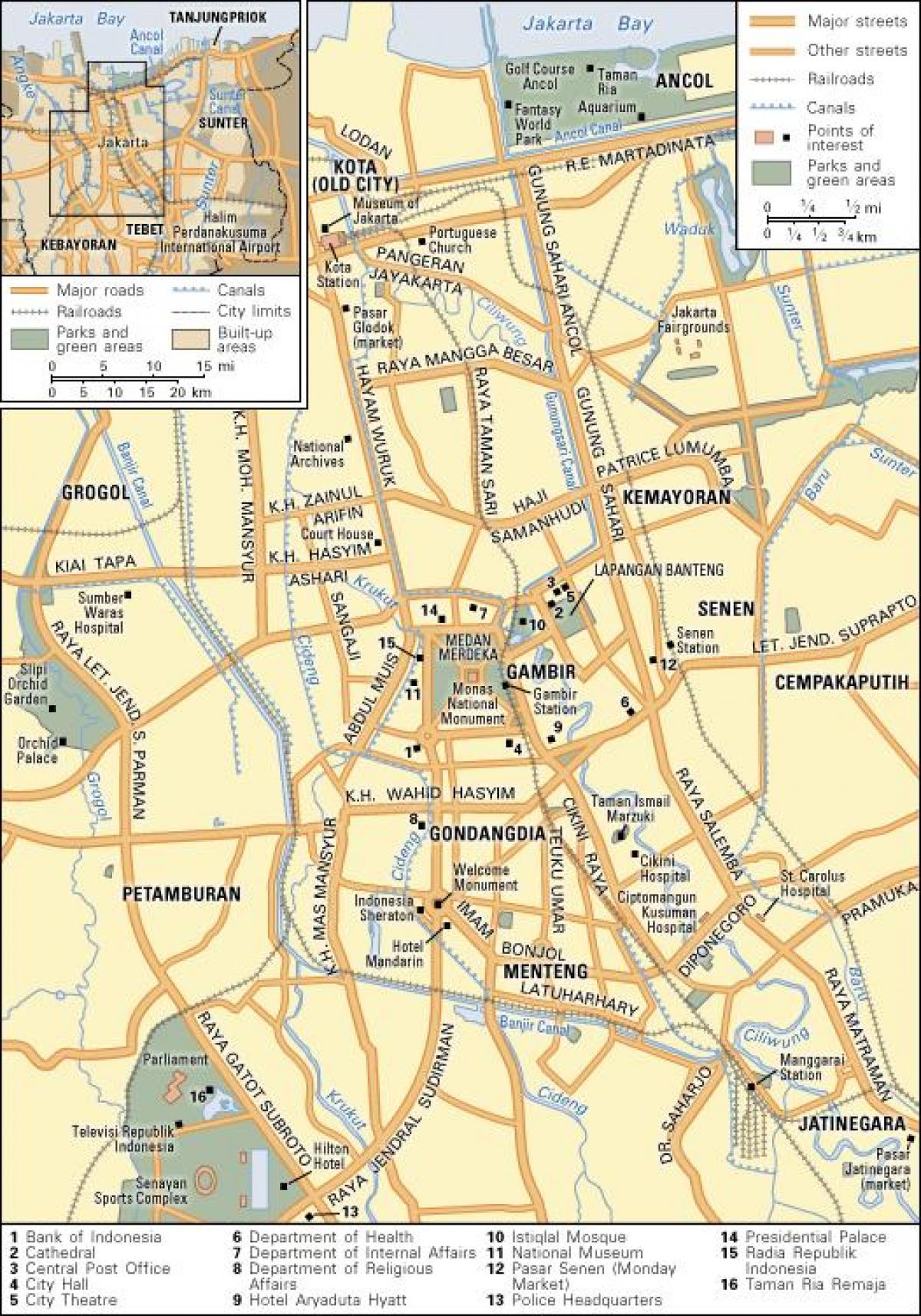 Mapa de los recorridos a pie de Yakarta