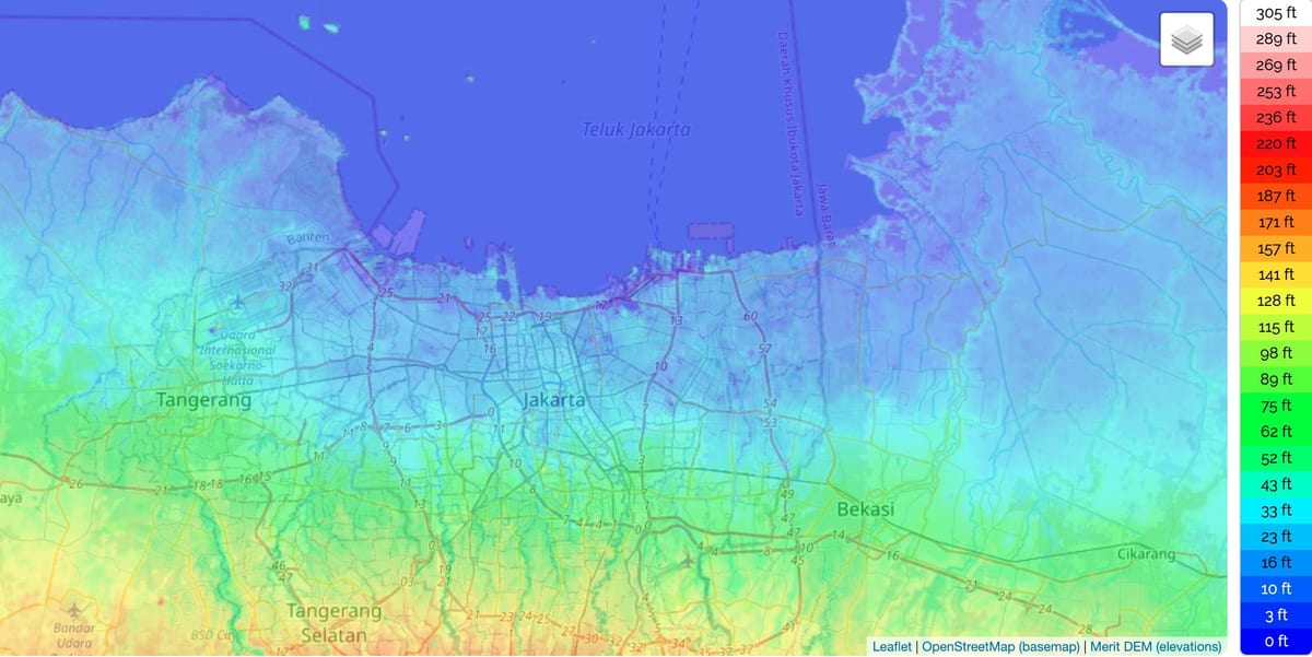 Mapa de elevación de Yakarta